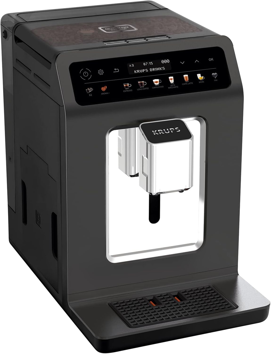 Krups Evidence One Kaffeevollautomat mit Milchschlauch, 12 Getränke, 2-Tassen-Funktion, Farbdisplay, Kaffeemaschine, TÜV-Siegel, Schwarz, EA895N10, Meteor Graphit