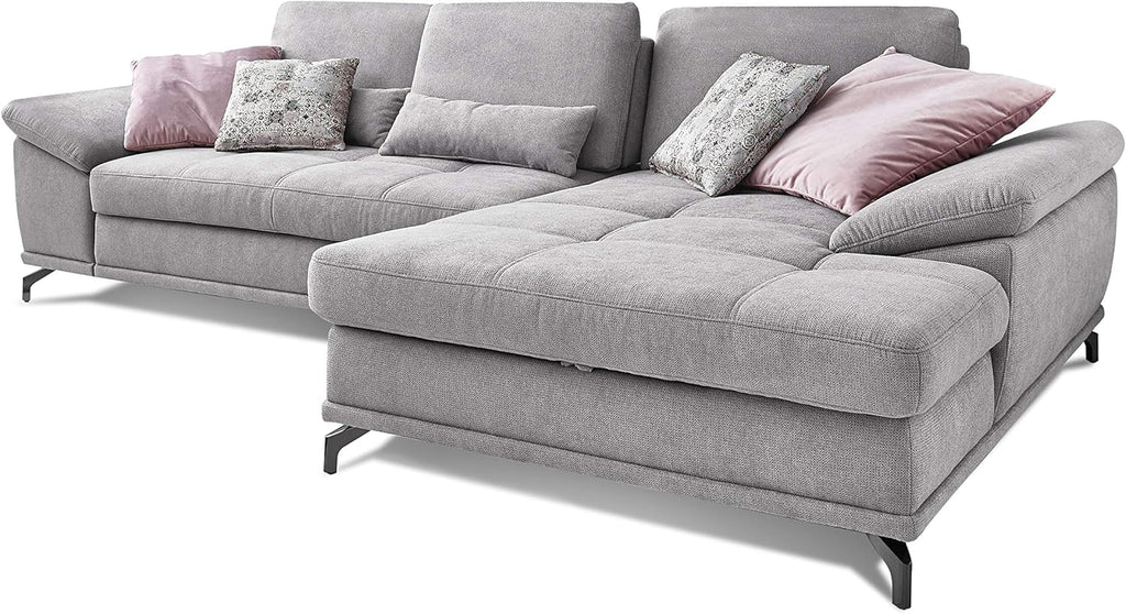 Cavadore Ecksofa Castiel mit Federkern / Großes Sofa in L-Form mit Sitztiefenverstellung und XL-Longchair / 312 x 89 x 173 / Webstoff, Hellgrau