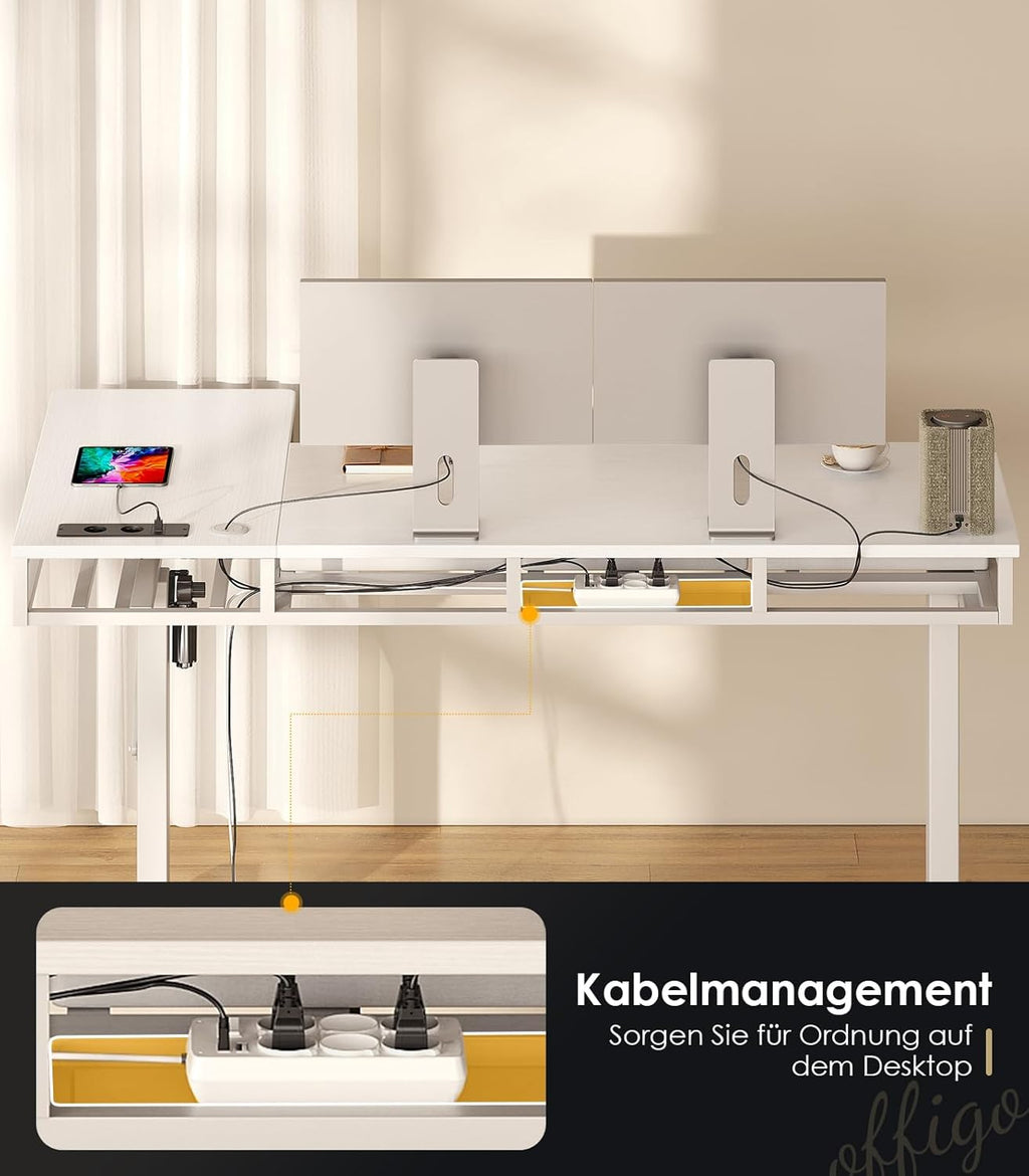 OffiGo Eckschreibtisch Höhenverstellbar, 140x80 cm Schreibtisch höhenverstellbar mit 4 Schublade, Elektrischer Tisch L Form mit Steckdose für Büro und Arbeitszimmer, Groß Ecktisch Weiß