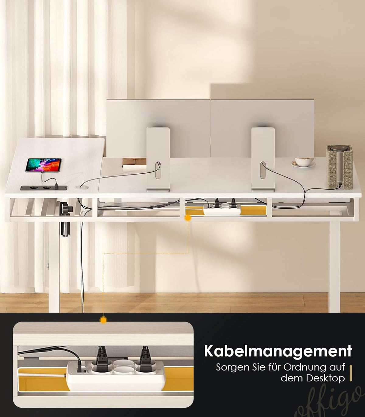 OffiGo Eckschreibtisch Höhenverstellbar, 140x80 cm Schreibtisch höhenverstellbar mit 4 Schublade, Elektrischer Tisch L Form mit Steckdose für Büro und Arbeitszimmer, Groß Ecktisch Weiß