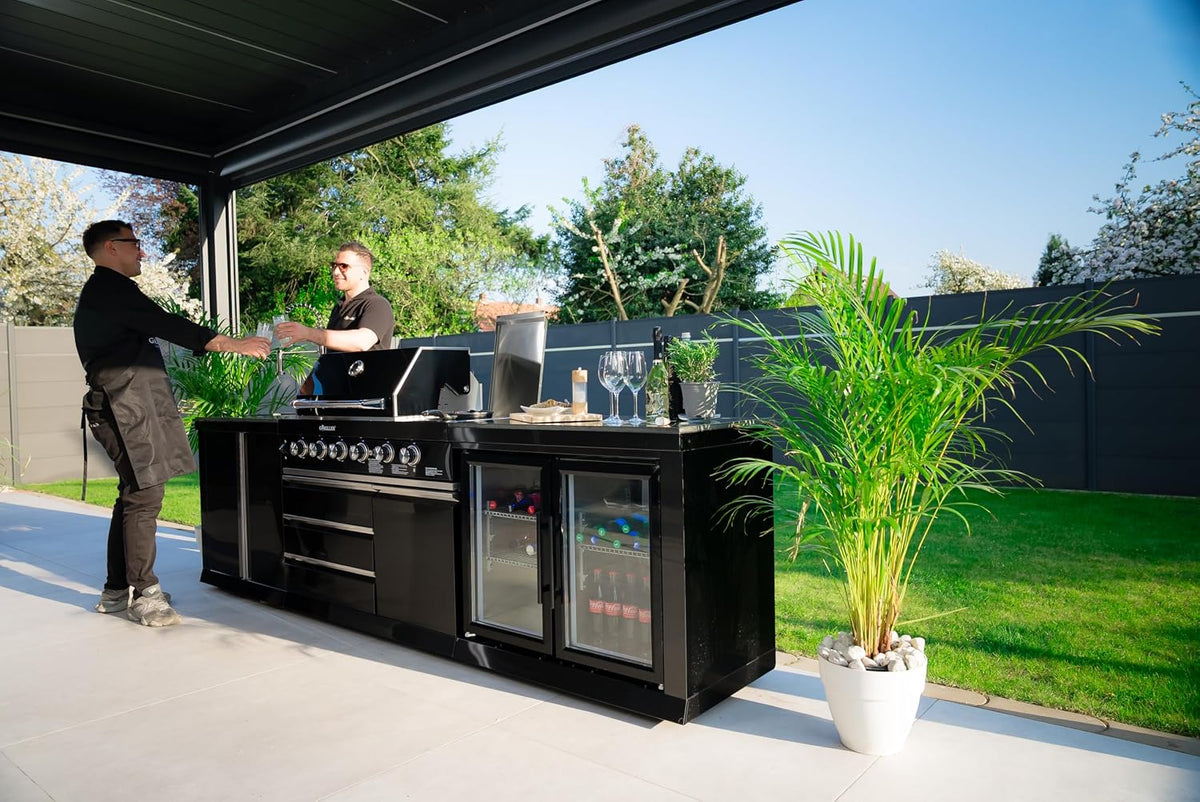 GORILLER® BLACKBACK M6 Outdoor-Küche, Gasgrill mit Doppel-Kühlschrank und Waschbecken, Edelstahl, Schwarz