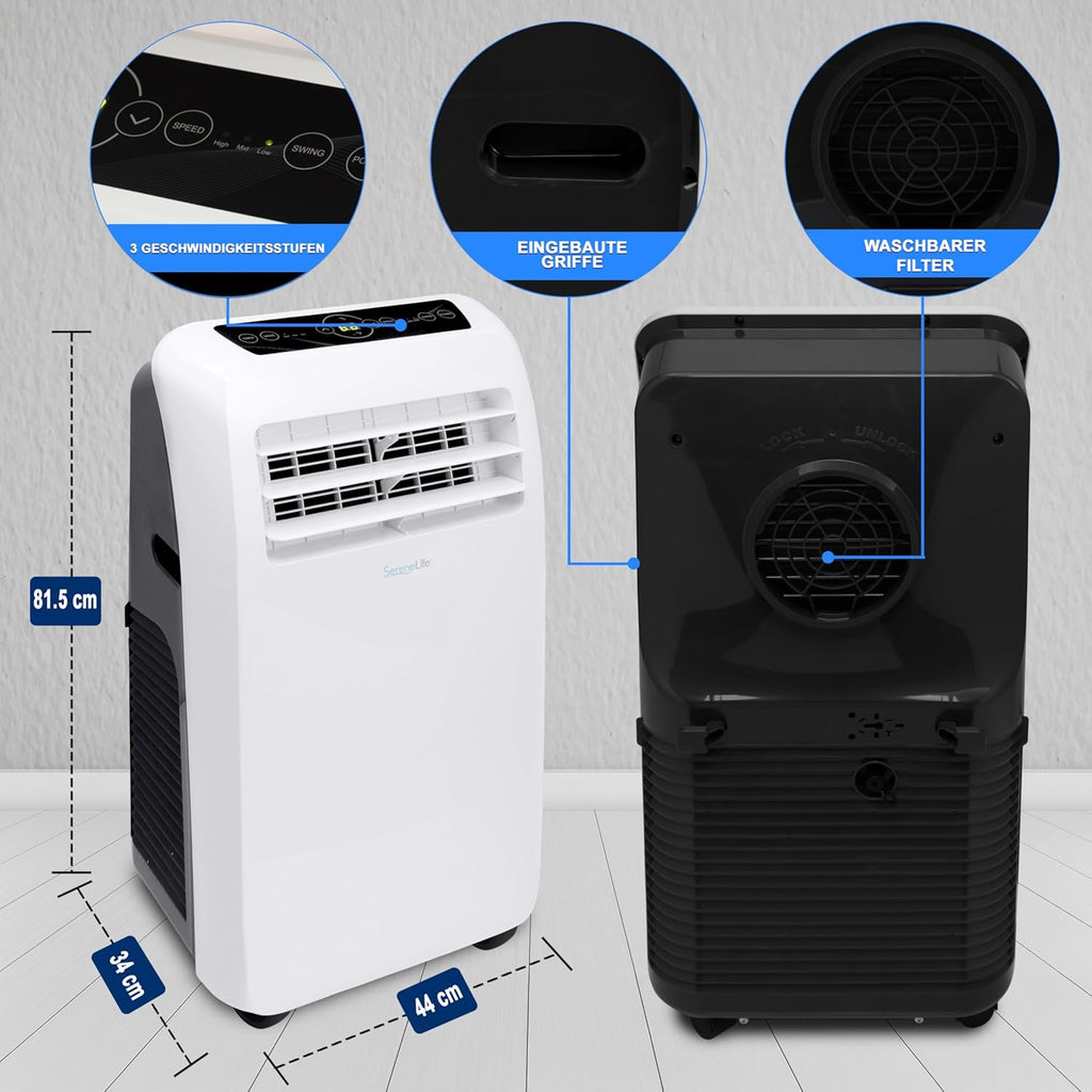 SereneLife Mini Klimaanlage mobil, 3-in-1 mobiles Klimagerät mit Abluftschlauch – Luftkühler, Luftentfeuchter & Ventilator, Air conditioner – 9.000 BTU, 1,5L Feuchtigkeit/Stunde, kühlt Räume bis 42 m2