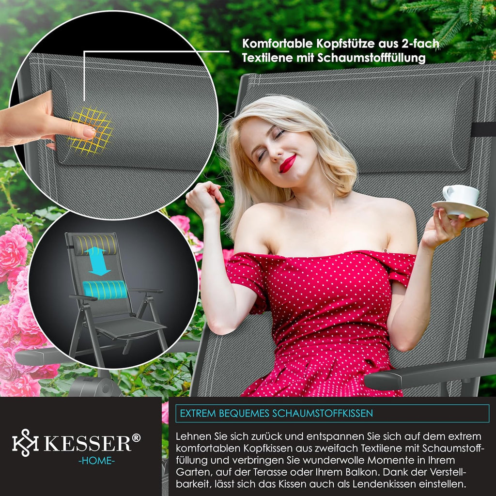 KESSER® Gartenstuhl Hochlehner mit Armlehnen 6er Set Aluminium Klappstuhl mit Kopfkissen & Abdeckung Campingstuhl 7-Fach Verstellbar Rückenlehne Atmungsaktiv Wetterfest Klappbar Anti-Rutsch, Anthrazit