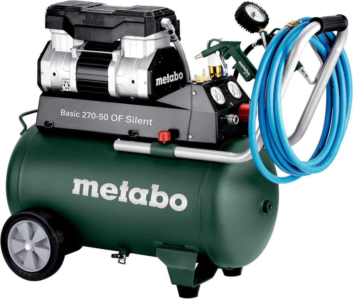 metabo Kompressor Basic 270-50 OF Silent - 50L Kessel, 10 bar Druck, 130 l/min Füllleistung - Ölfrei, leise, mobiler Werkstatt-Kompressor für Heimwerker  und  Profis - Inkl. Schnellkupplung und Zuggriff