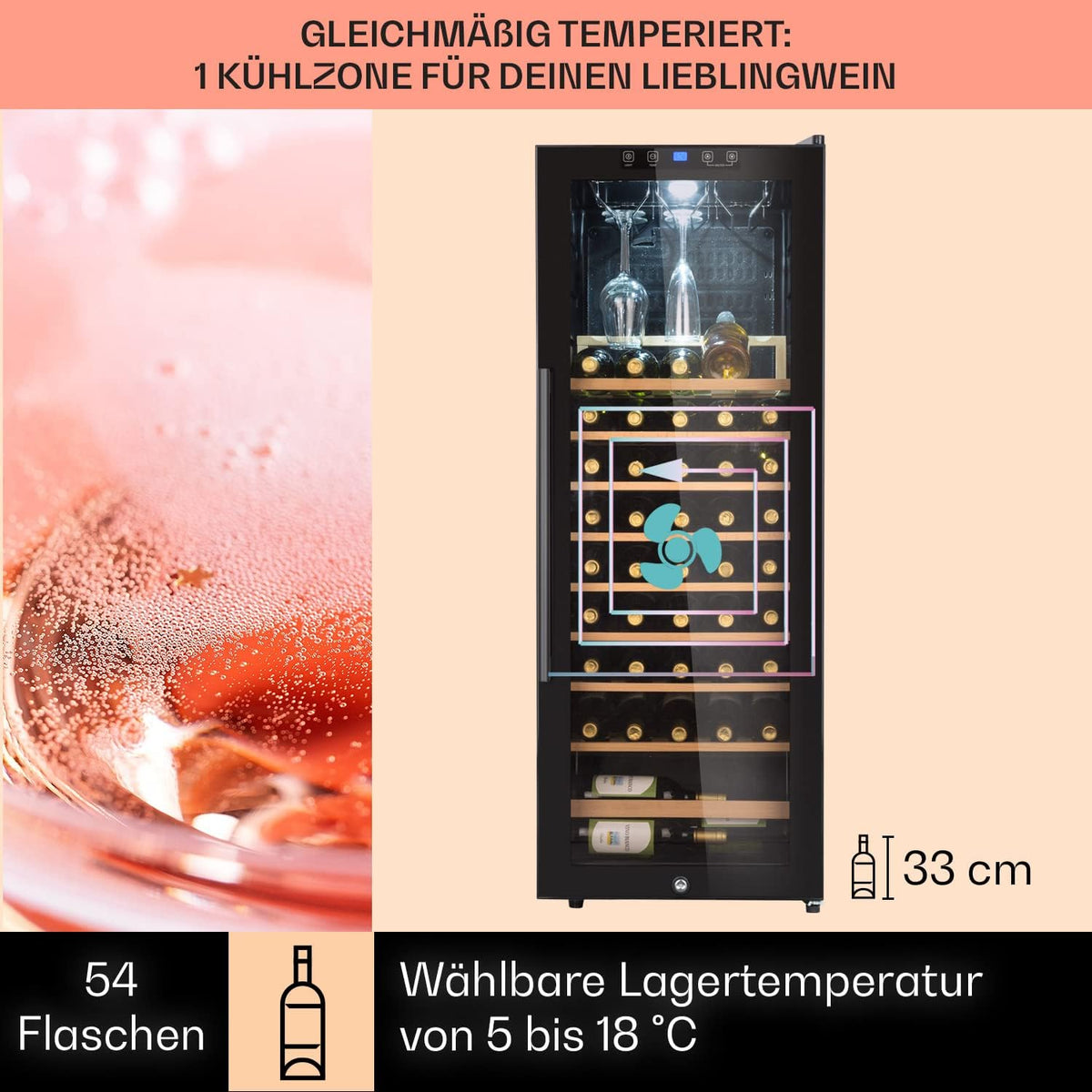 Klarstein Weinkühlschrank, Getränkekühlschrank Schmal, 1 Zone Kühlschrank mit Glastür, Getränkekühlschränke Freistehend, Weinkühlschrank Klein, Weinkühlschränke mit UV-Schutz, 4-18°C, 54 Flaschen