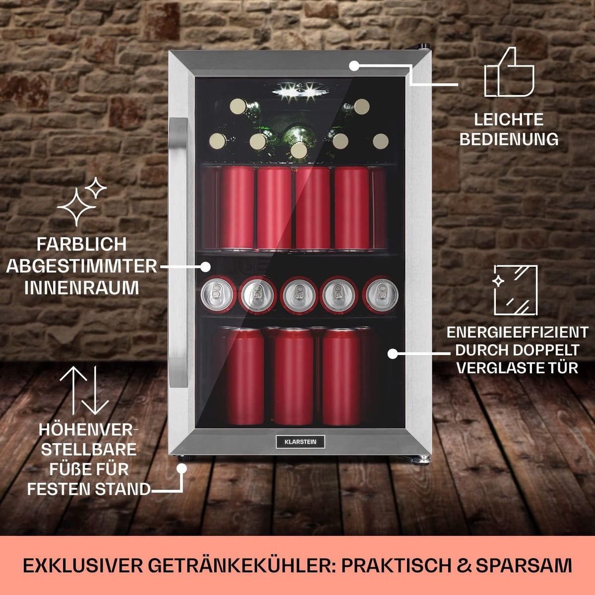 Klarstein Kühlschrank 70L, Kleiner Kühlschrank mit Herausnehmbaren Ablagen, Leiser Mini Kühlschrank mit Glastür & LED, Getränkekühlschrank Klein, Outdoor Geeignet, Biersafe für Flaschen, 0-10°C
