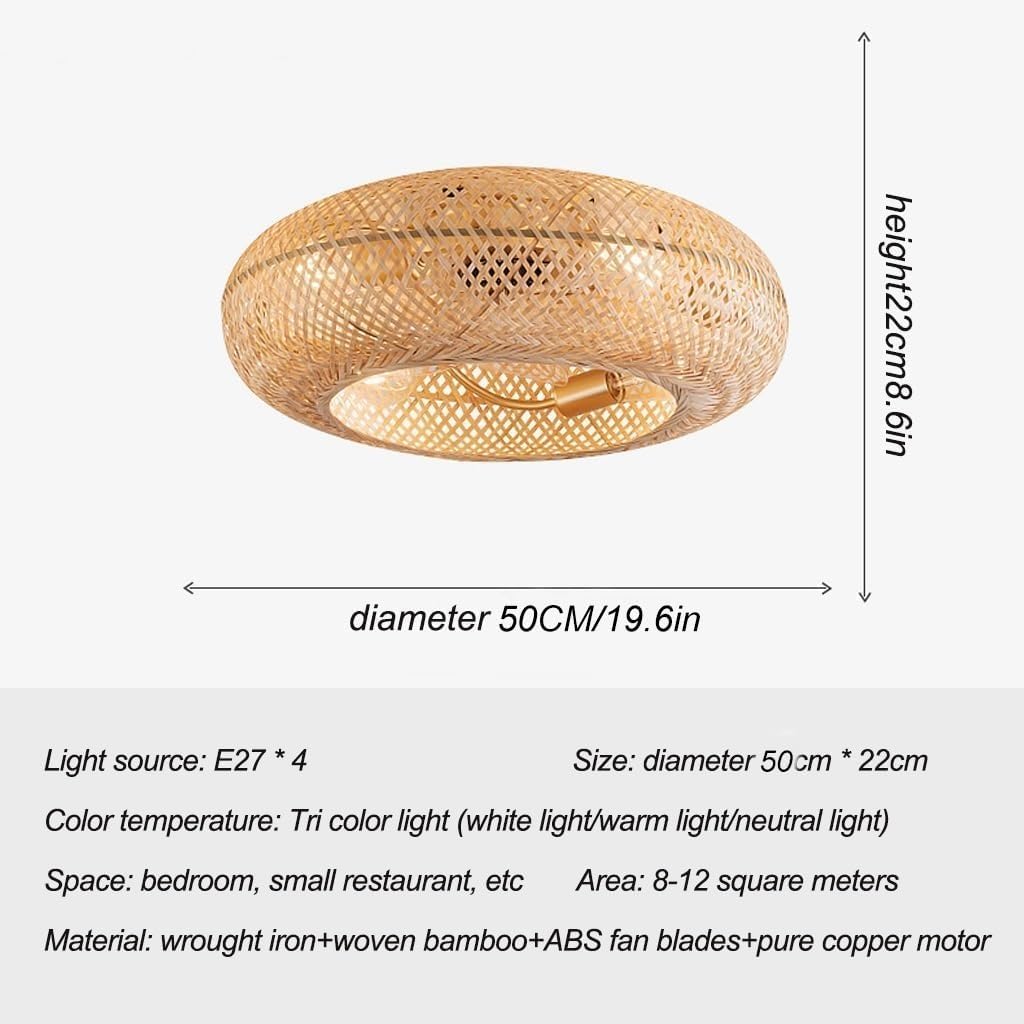 Deckenventilator Mit Beleuchtung Bambus Retro Boho 50CM Leise DC Motor Und Fernbedienung Vintage E27 Rattan Schlafzimmer Ventilator Fan Deckenlampe Wohnzimmer Esszimmer Lüfter Deckenleuchte