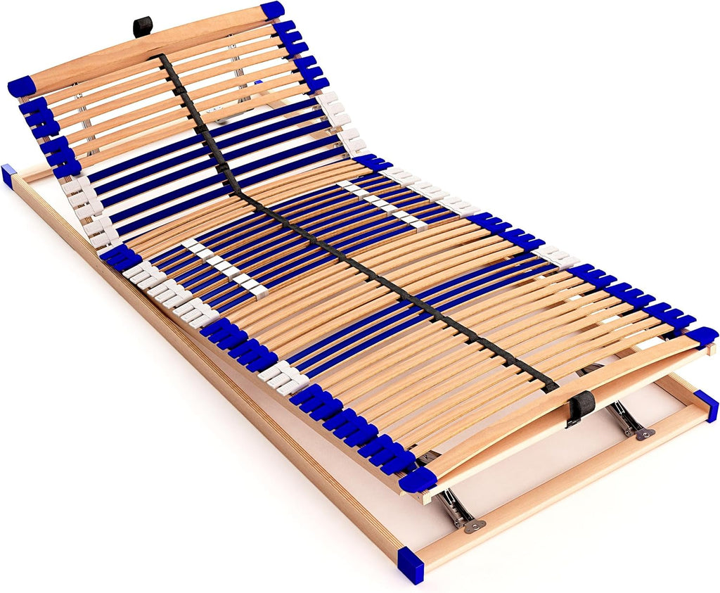 Stabiler Lattenrost 100% BUCHE - Kopf- und Fußteil verstellbar - SCHULTERFRÄSUNG, 7 Zonen, 44 Federleisten, Härte-Regulierung, Mittelgurt - Comfort 44® Vario - 100% fertig montiert (140x200cm)