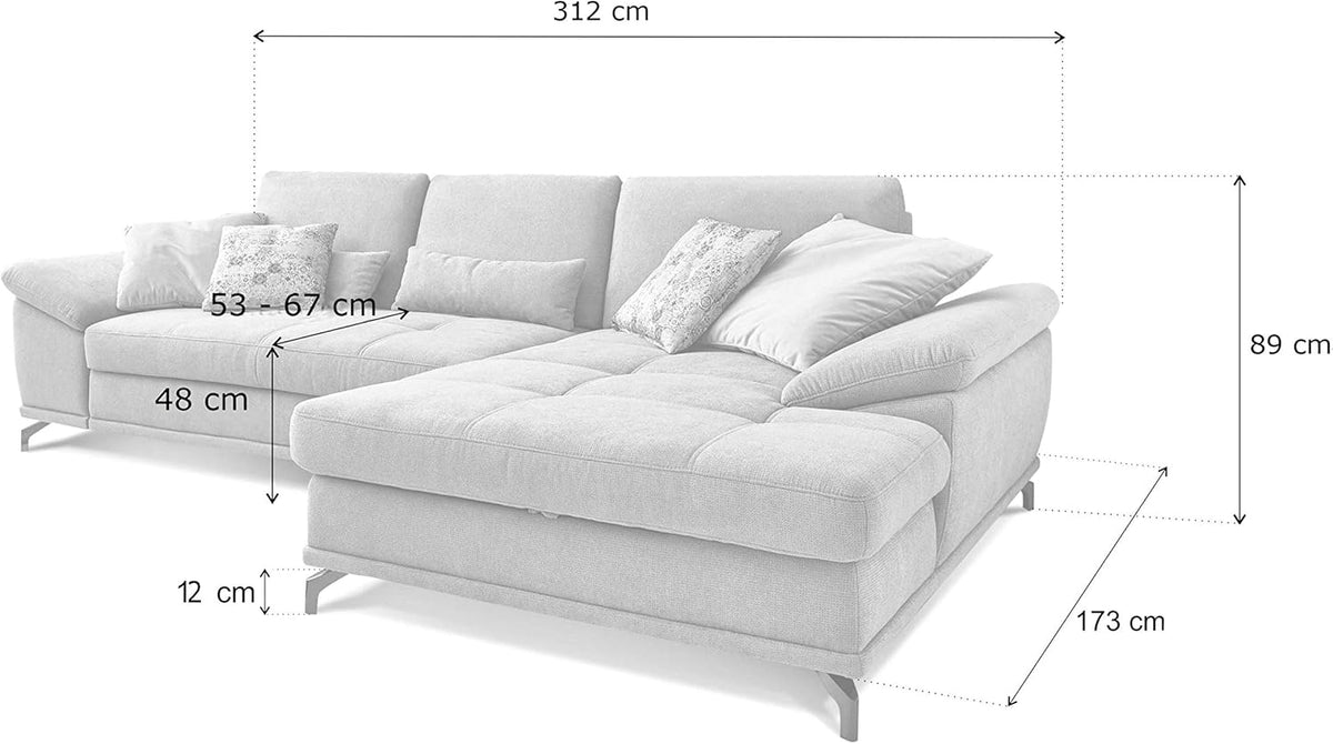 Cavadore Ecksofa Castiel mit Federkern / Großes Sofa in L-Form mit Sitztiefenverstellung und XL-Longchair / 312 x 89 x 173 / Webstoff, Hellgrau