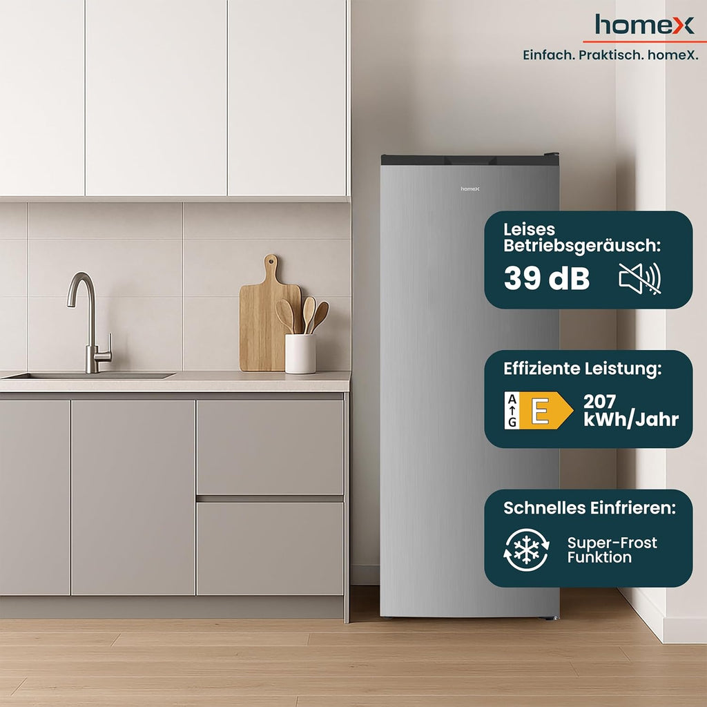 homeX Gefrierschrank NoFrost, Tiefkühlschrank groß - 161L Nutzinhalt, 4-Sterne Gefrieren, Freezer No Frost, Gefrierschränke freistehend, Super-Frost-Funktion, leise 39 dB, silber, FSN1611E-S