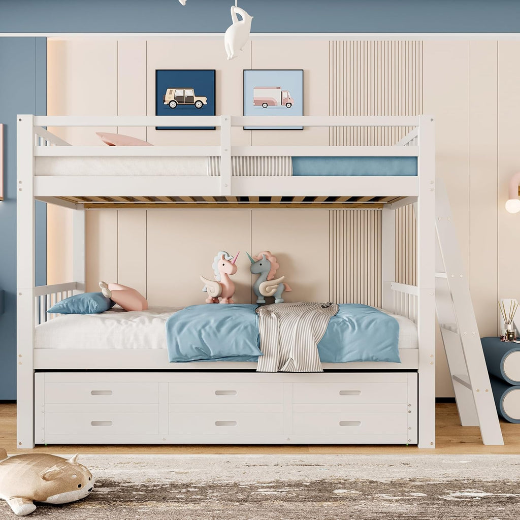 Etagenbett Kinderbett 90x200 cm mit Stauraum, Hochbett mit Leiter und Rollbett, Jugendbett Bettgestell mit 3 Schubladen, Holzbett Bett mit Rausfallschutz und Lattenrost, Ohne Matratze (Weiß)