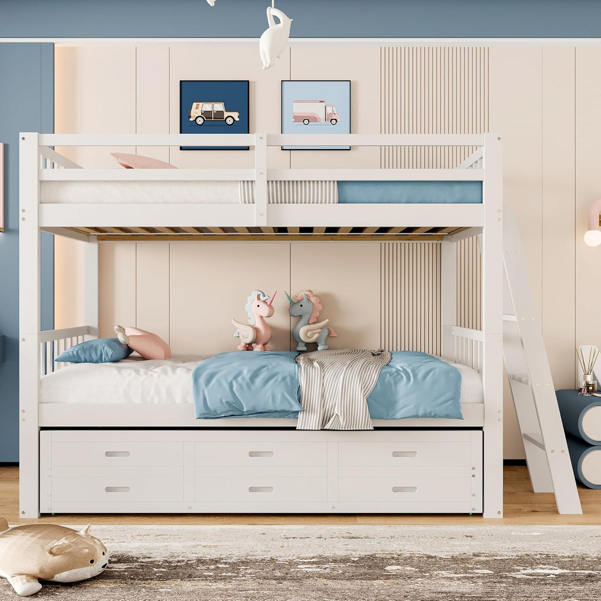 Etagenbett Kinderbett 90x200 cm mit Stauraum, Hochbett mit Leiter und Rollbett, Jugendbett Bettgestell mit 3 Schubladen, Holzbett Bett mit Rausfallschutz und Lattenrost, Ohne Matratze (Weiß)