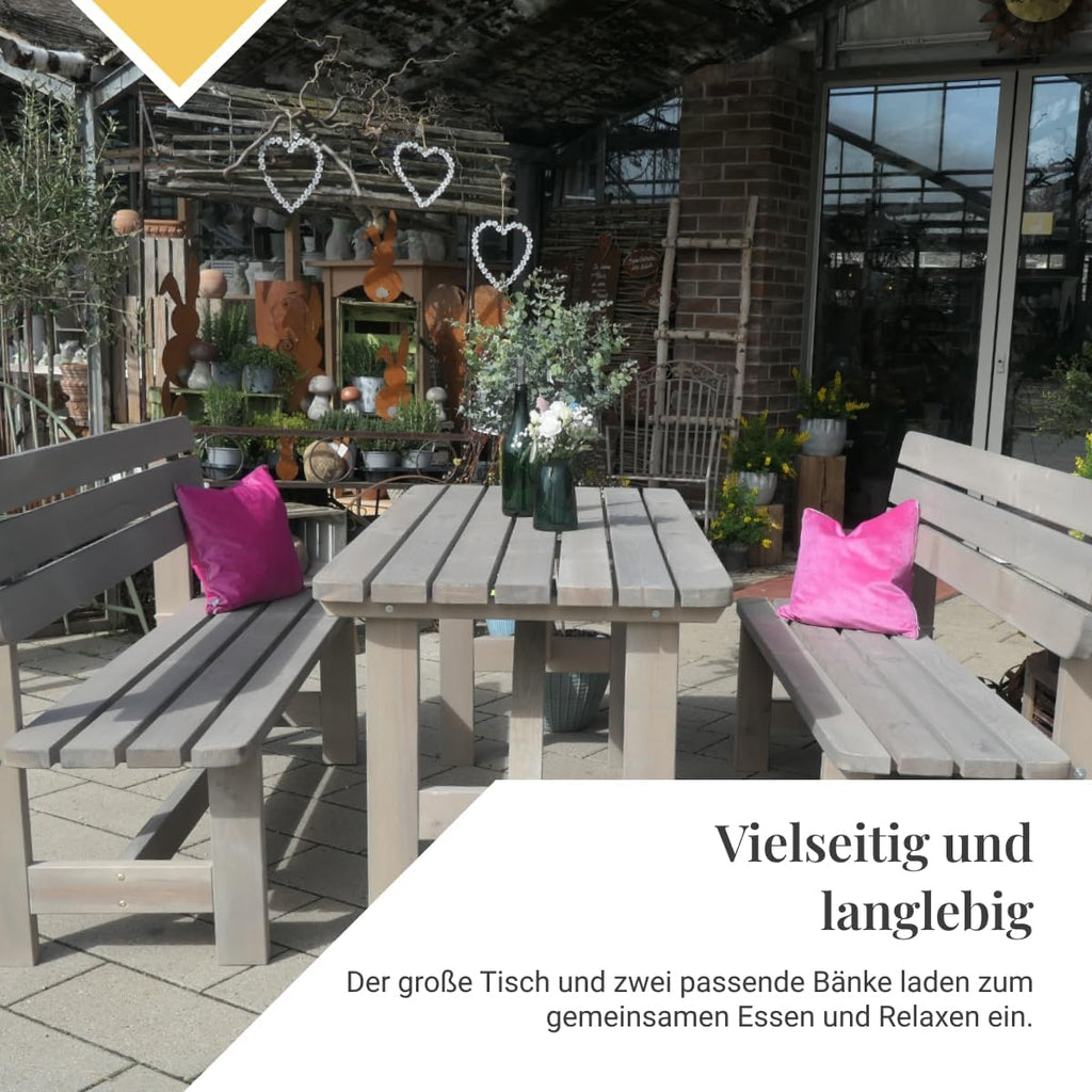 Gartengarnitur aus Holz | Set bestehend aus Gartentisch & Bänken mit Lehne | Hochwertige Sitzgarnitur für den Garten | PEFC-zertifizierte Gartenmöbel für Draußen (Grau)