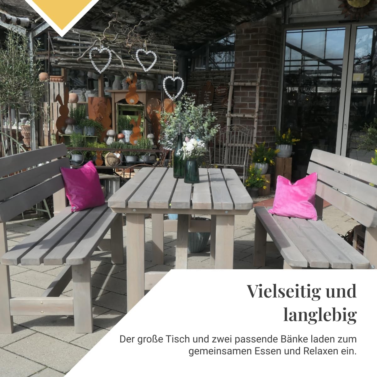 Gartengarnitur aus Holz | Set bestehend aus Gartentisch & Bänken mit Lehne | Hochwertige Sitzgarnitur für den Garten | PEFC-zertifizierte Gartenmöbel für Draußen (Grau)