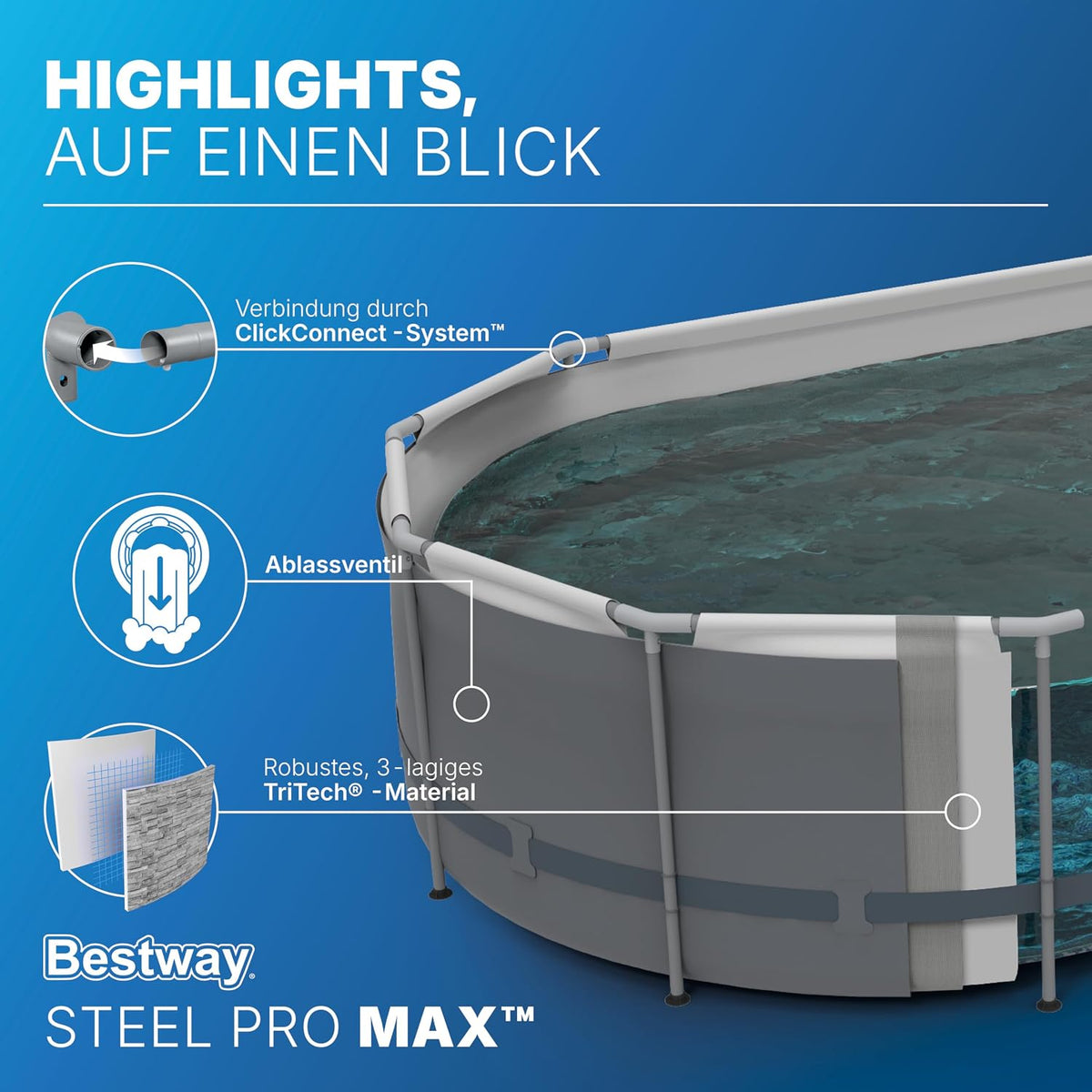 Bestway Power Steel Swim Vista Series Frame Pool Komplett-Set mit Filterpumpe 427 x 250 x 100 cm, Steinwand-Optik (Cremegrau), oval