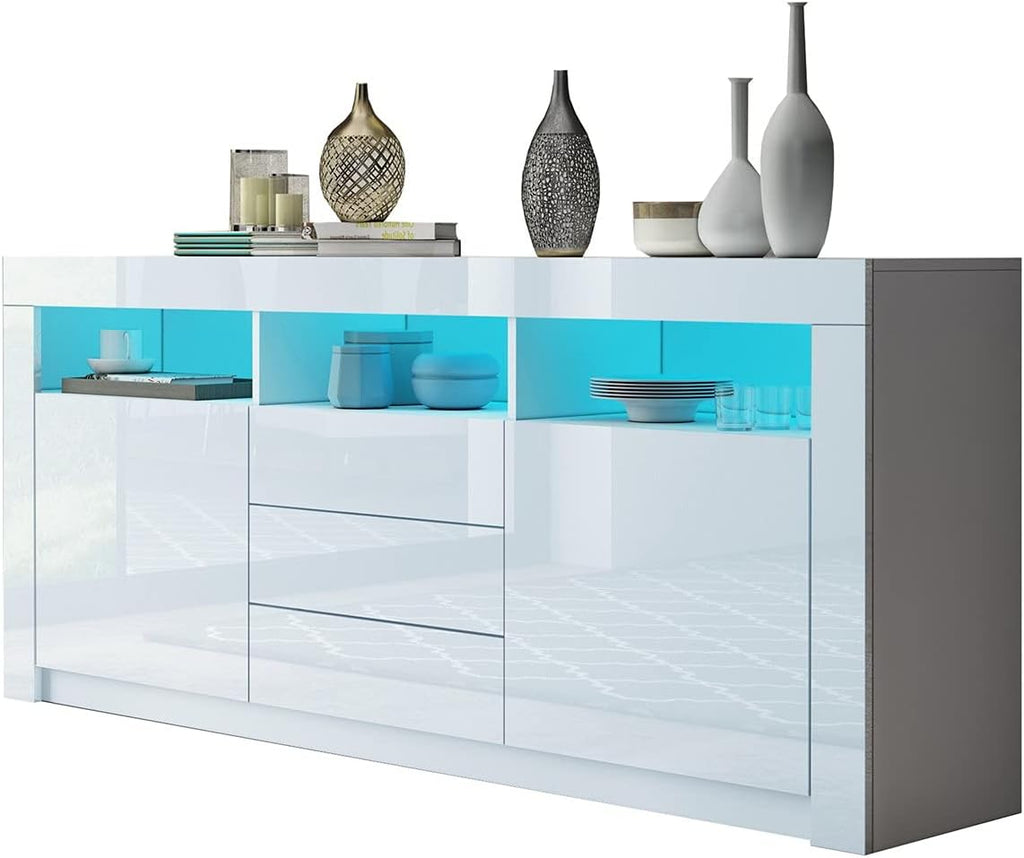 Sideboard Hochglanz Matt Anrichte Schrank mit 2 Türen 3 Schubladen & LED Beleuchtung TV Lowboard Für Esszimmer Wohnzimmer Möbel Weiß