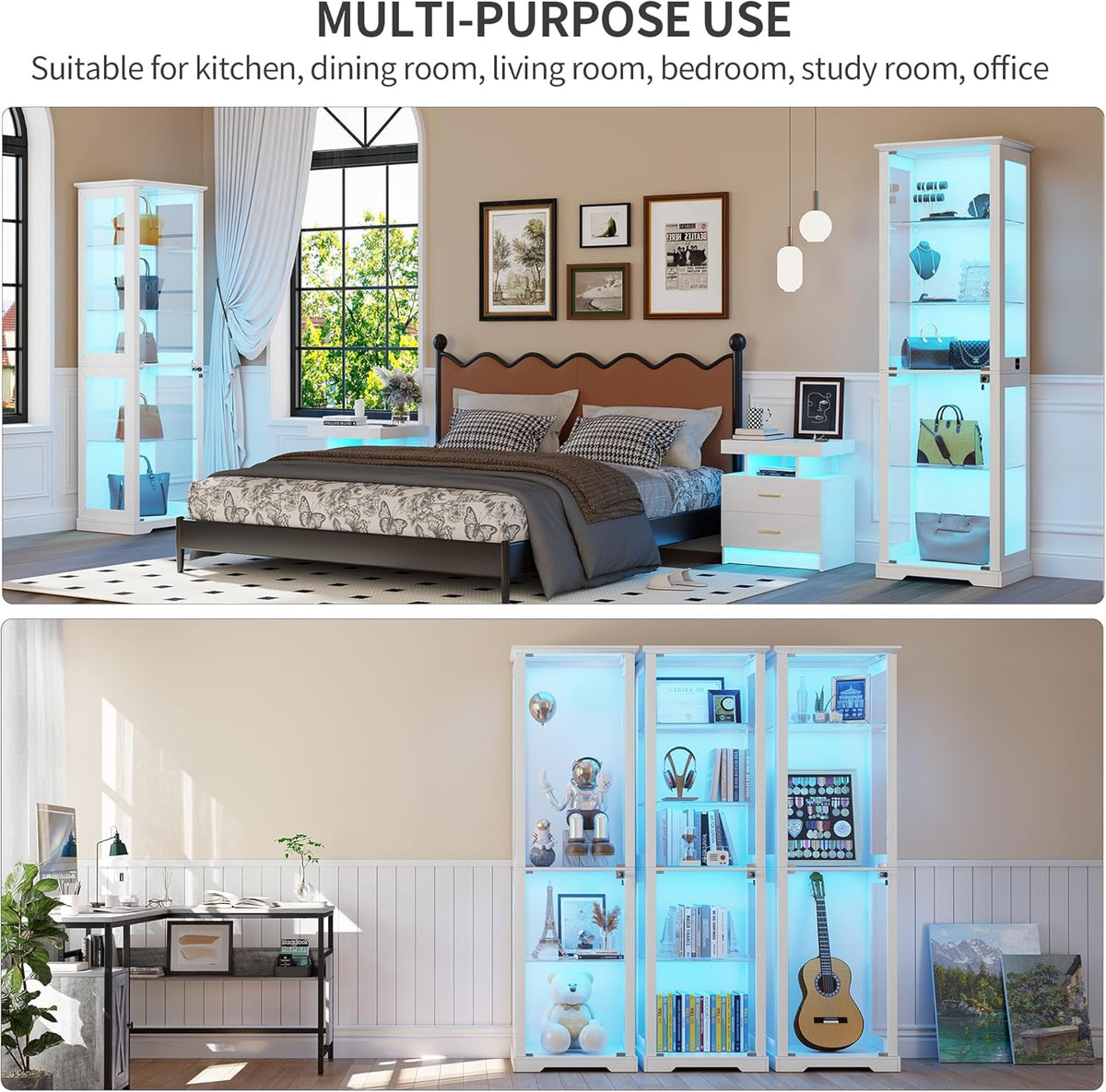 Lvifur Glasvitrine mit LED Beleuchtung und Glastüren für Wohnzimmer Schlafzimmer,40×50×180cm 5-Lagen Vitrinenschrank Vitrine mit Intelligente Sensorik für Sammlerstücke,Wein,Weiß