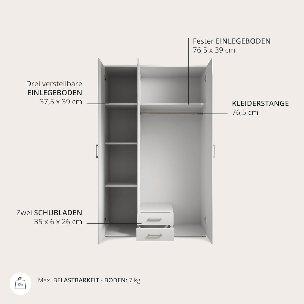 Stella Trading KARL Eleganter Kleiderschrank 3-türig mit viel Stauraum - Vielseitiger Drehtürenschrank in Weiß mit Spiegeltür - 120 x 195 x 55 cm (B/H/T)