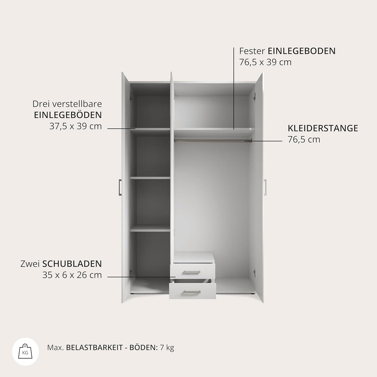 Stella Trading KARL Eleganter Kleiderschrank 3-türig mit viel Stauraum - Vielseitiger Drehtürenschrank in Weiß mit Spiegeltür - 120 x 195 x 55 cm (B/H/T)