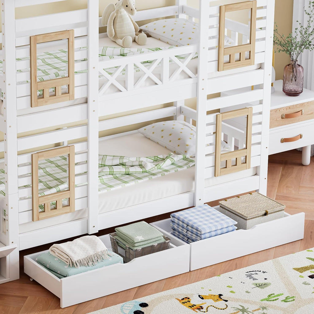Kinderbett Etagenbett 90 x 200, Hausbett für 2 Kinder, Hochbett mit Lattenrost, Treppe mit 4 Ablagefächern, Rausfallschutz, Zwei Schubladen mit Rollen, Baumhaus Bett mit Fenster und Dach