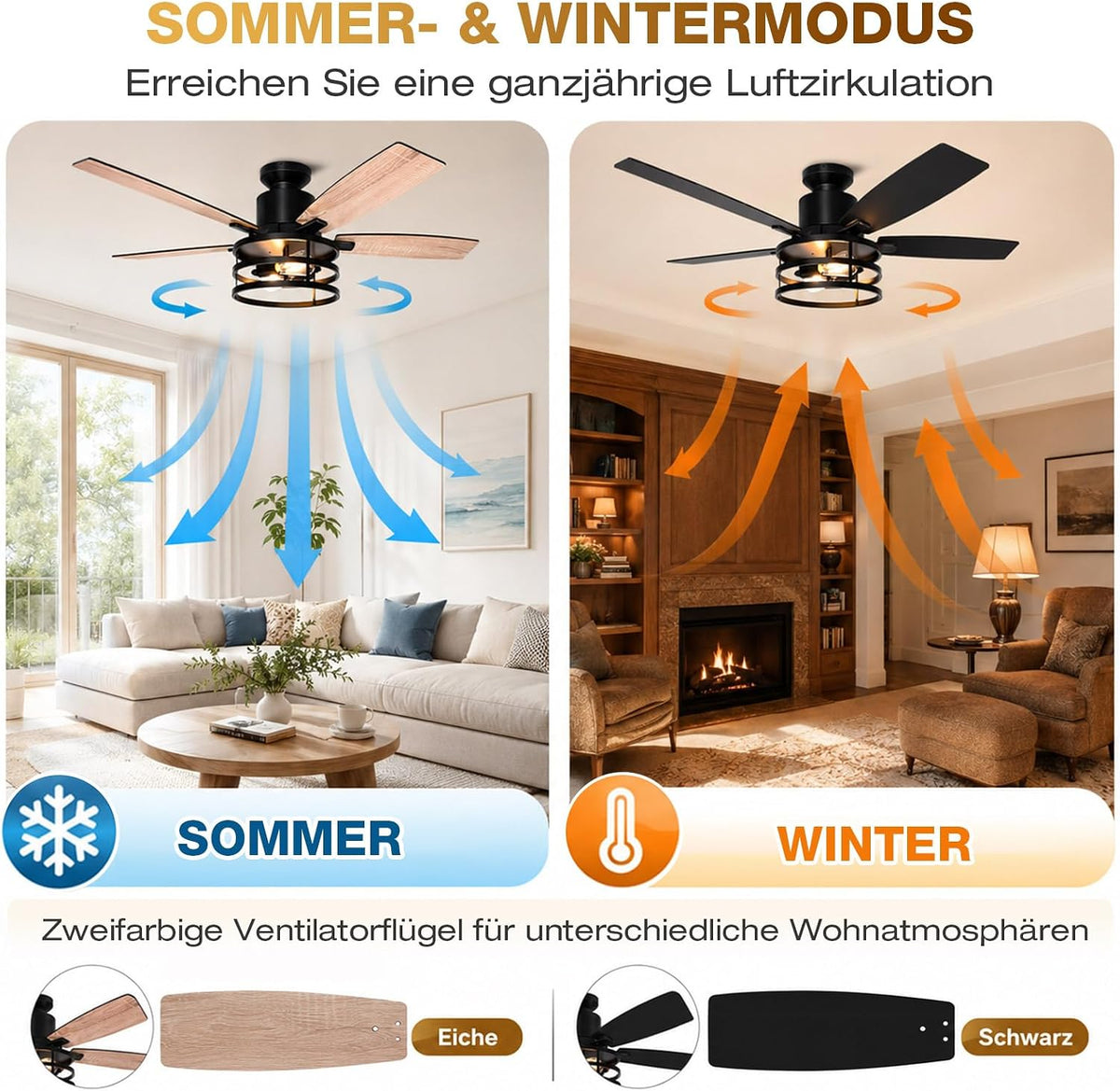 132cm Deckenventilator mit Beleuchtung Doppelseitige Flügeln, Leise Deckenlampe mit Ventilator, Fernbedienung Timer, 6 Geschwindigkeiten DC Motor Umkehrbar, 2700K, für Schlafzimmer Wohnzimmer