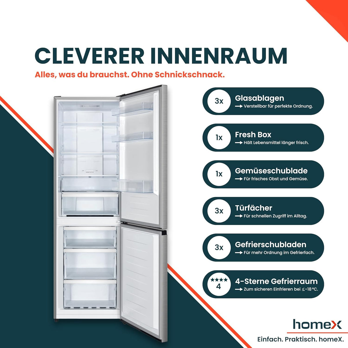homeX Kühlschrank mit Gefrierfach No Frost, Kühl-Gefrier-Kombination freistehend, groß - 304 Liter, Fresh Box, Super-Frost, leise 35 dB, EEK A, Kühl Gefrierkombination, silber, CFSN3041A-S