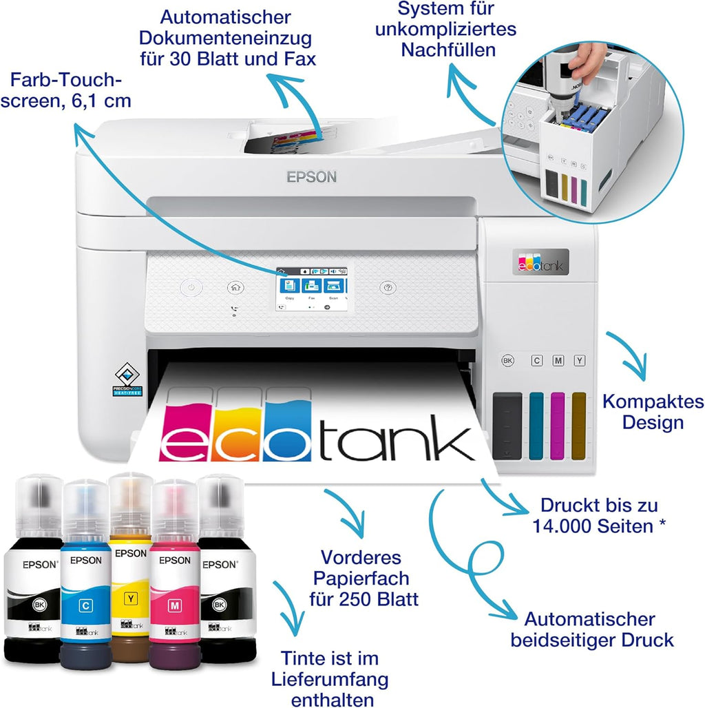 EcoTank ET-4856 A4-Multifunktions-Wi-Fi-Tintentankdrucker, mit einem im Lieferumfang enthaltenen Vorrat an Tinten bis zu 3 Jahren