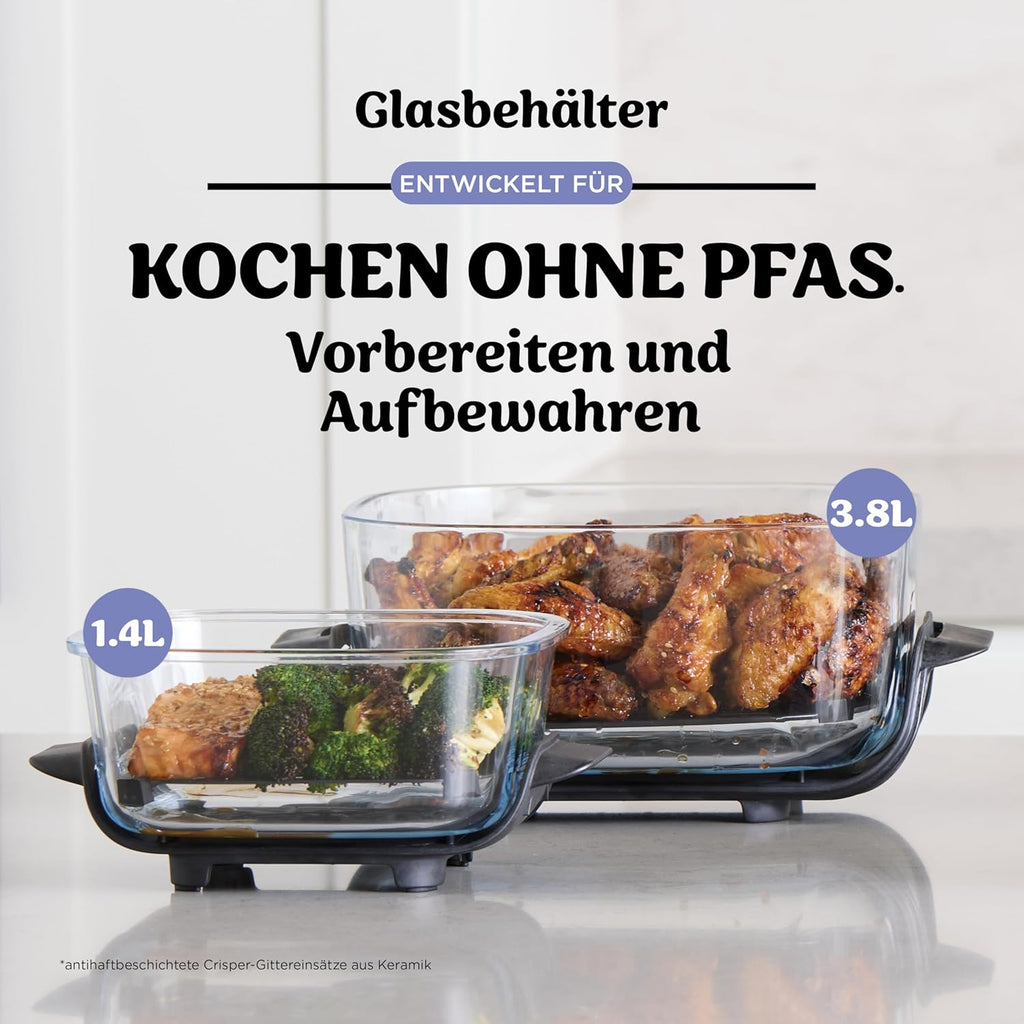 Ninja CRISPi Tragbare Heißluftfritteuse, 3,8 l & 1,4 l, 4-in-1: Heißluftfrittieren, Braten, Warmhalten, Aufknuspern, kompakt, 6 Portionen, 2 Glasbehälter & Deckel, 1700 W, Hellflieder FN101EUPR