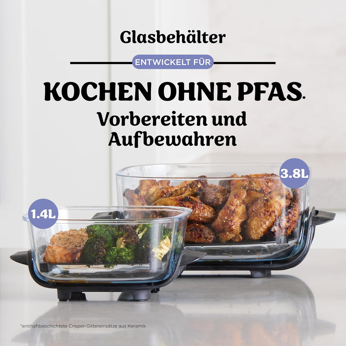 Ninja CRISPi Tragbare Heißluftfritteuse, 3,8 l & 1,4 l, 4-in-1: Heißluftfrittieren, Braten, Warmhalten, Aufknuspern, kompakt, 6 Portionen, 2 Glasbehälter & Deckel, 1700 W, Hellflieder FN101EUPR