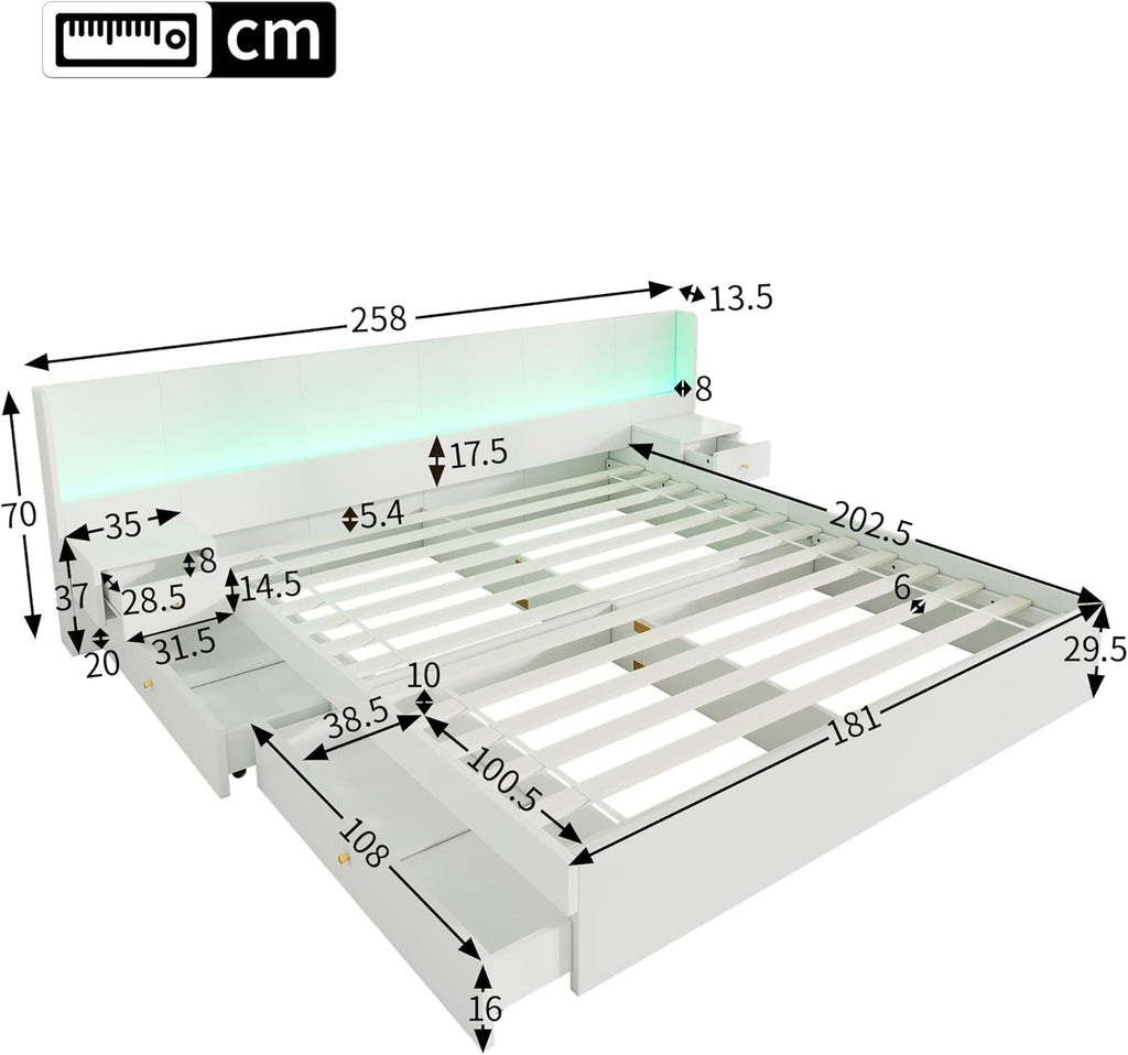 Doppelbett Bett 180x200 mit Stauraum 2 Schubladen, Extrabreiter LED-Kopfteil mit 2 Nachttischen & USB-Buchse, Holzbett Stauraumbett Bettgestell mit Lattenrost, Jugendbett, Ohne Matratze, Weiß