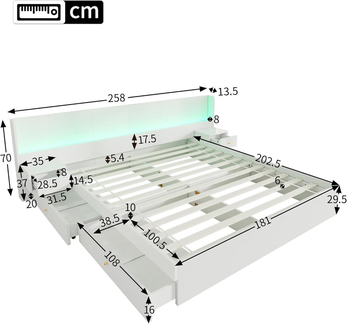 Doppelbett Bett 180x200 mit Stauraum 2 Schubladen, Extrabreiter LED-Kopfteil mit 2 Nachttischen & USB-Buchse, Holzbett Stauraumbett Bettgestell mit Lattenrost, Jugendbett, Ohne Matratze, Weiß