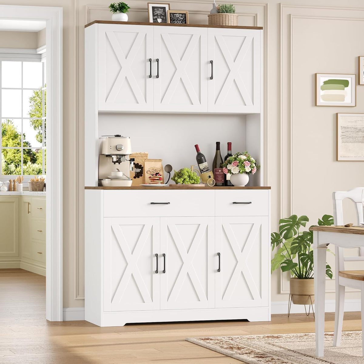 HOCSOK Küchenschrank 105x180 cm (BxH), Buffetschrank Weiß, Sideboard mit Steckdosen, Verstellbare Einlegeböden, Arbeitsplatten und 2 Schubladen, Vorratsschrank für Küche, Wohnzimmer, Esszimmer