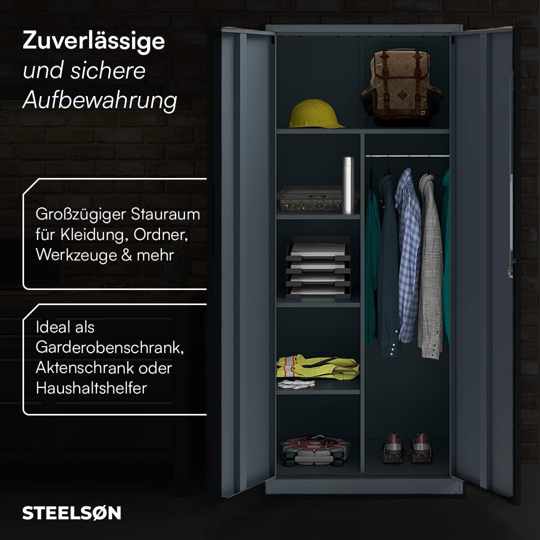 STEELSØN Regulus Metallschrank abschließbar – Garderobenschrank mit 6 Fächern und 1 Kleiderstange – Spind Schrank mit Doppeltüren – Mehrzweckschrank Anthrazit – Kleiderschrank Metall 175x40x80 cm