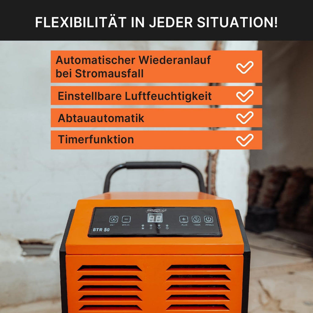 Comedes Bautrockner Luftentfeuchter BTR 50 (max. 51 Liter / 24h) Geeignet für Räume und Keller bis 100m² / 230m³