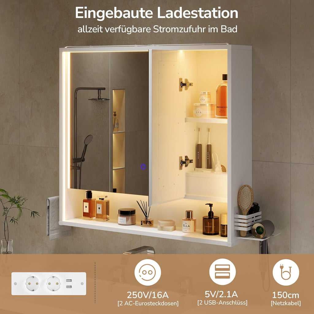 3-türiger Badspiegelschrank 80 cm breit mit LED-Beleuchtung, Steckdose & Touch-Sensor, 3 Lichtfarben dimmbar – inkl. Föhnhalter, Handtuchhalter & 4 verstellbaren Einlegeböden – Weiß