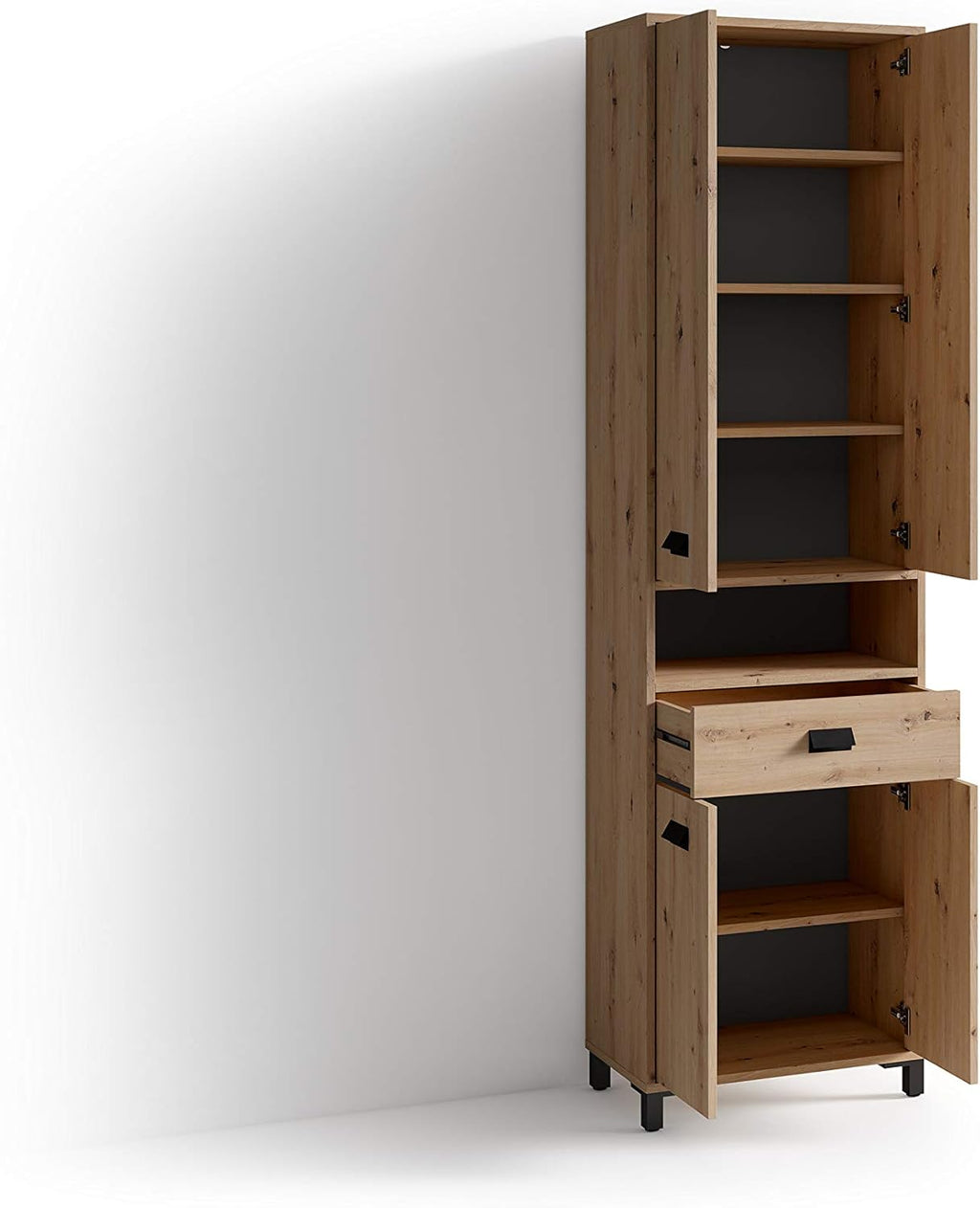 byLIVING Badezimmer-Hochschrank WELLNESS / Badschrank in Artisan Eiche Optik hell-braun / Griffe aus Metall in schwarz / Badezimmerschrank 4 Türen mit offenen Elementen / B 54, H 193, T 31 cm