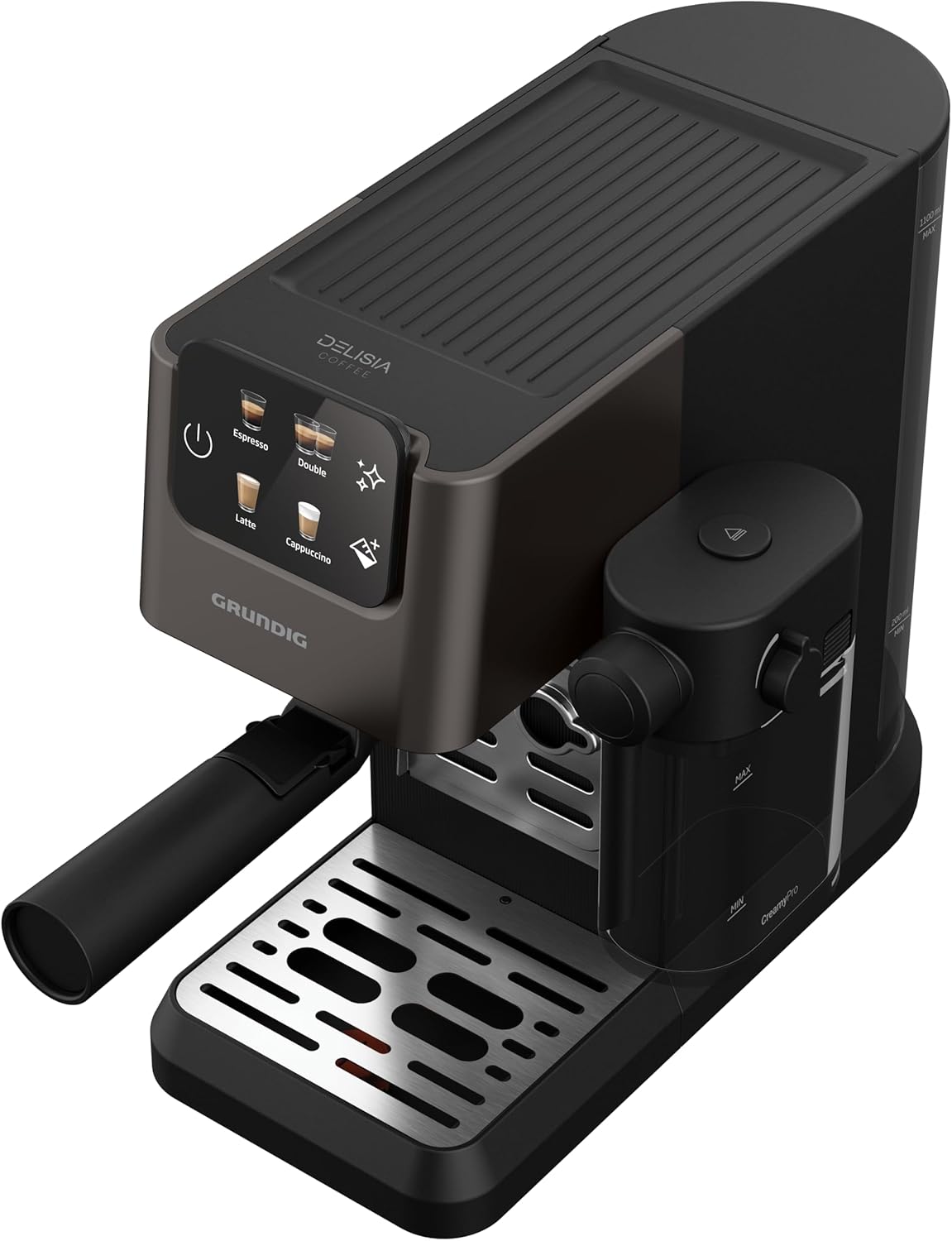 GRUNDIG KSM 5330 Siebträgermaschine mit integriertem Milchbehälter, 1628 W Leistung, 15 bar Pumpendruck, Zweifachdüse, farbiges Touch-Display, BrewSense, CreamyPro, Dark Inox/Schwarz