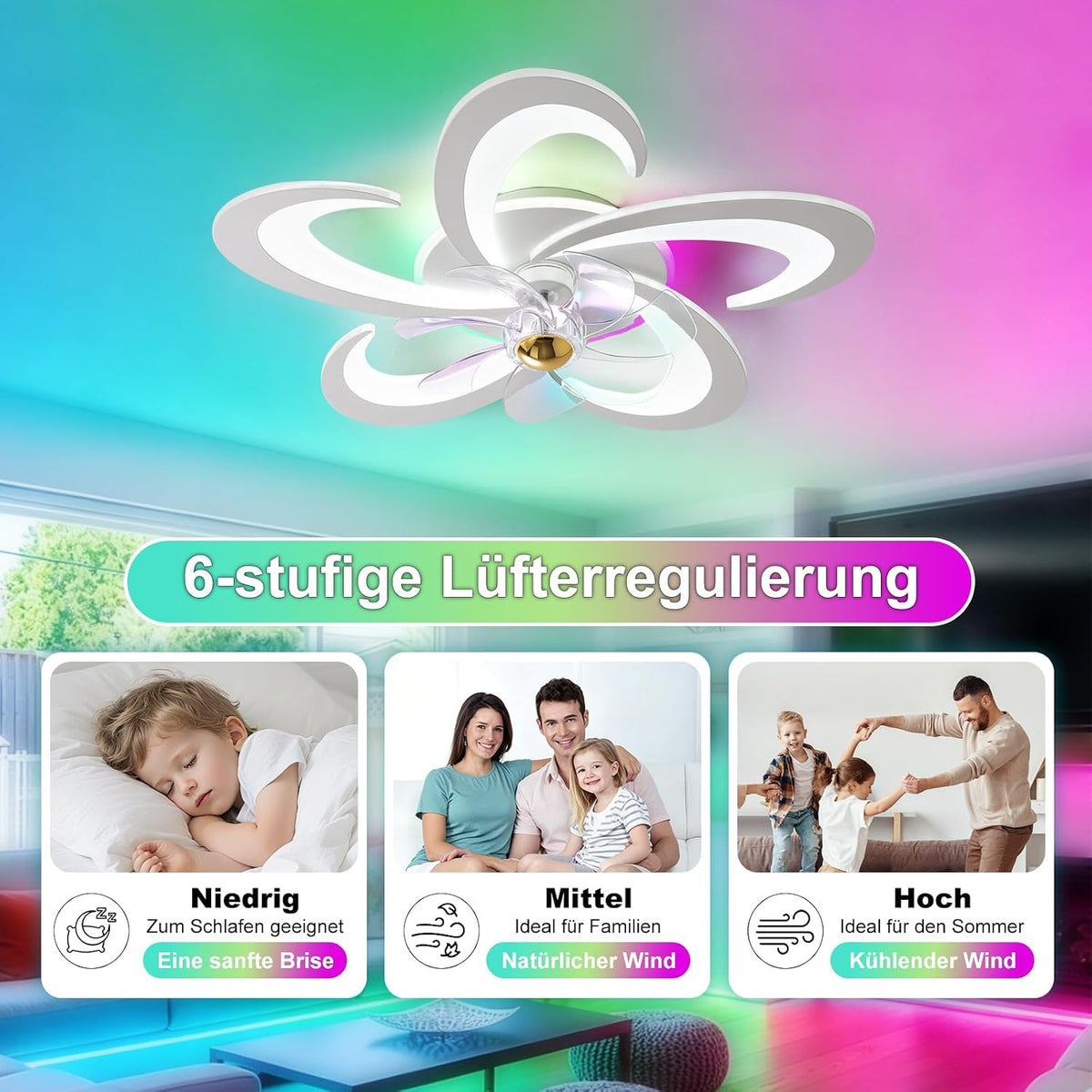 RGB Deckenlampe Mit Ventilator, Dimmbar Deckenventilator mit Beleuchtung und Fernbedienung/APP, RGB Deckenventilator mit Lampe für Schlafzimmer, Wohnzimmer, Leise, 6-Speed