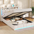 AOGLLATI Polsterbett 140×200 mit Steckdosen & LED Beleuchtung, Doppelbett mit Stauraum Kopfteil & Hydraulischem Stauraum, Bettgestell mit Lattenrost, Jugendbett 140×200, Linen, Ohne Matratze, Beige