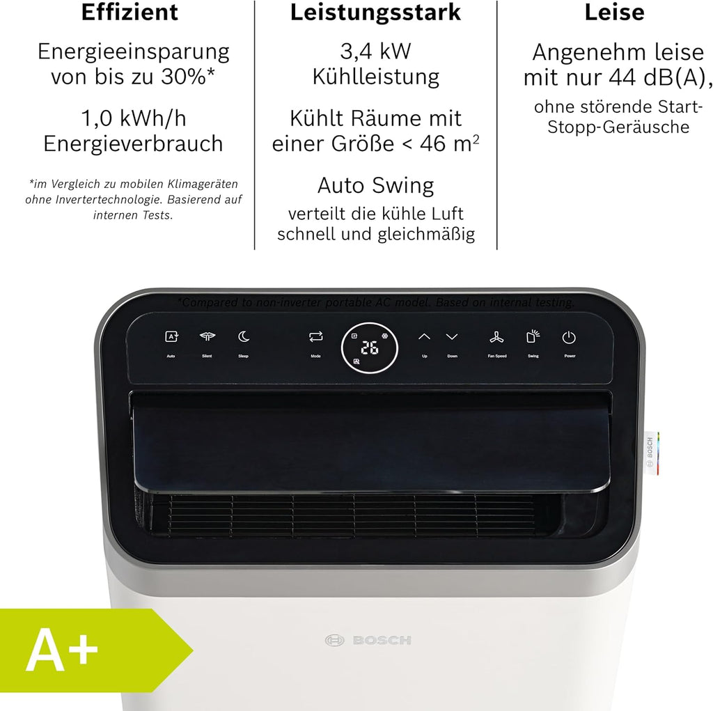 Bosch Cool 4000 Mobiles Klimagerät - 3-in-1: Klimagerät, Luftentfeuchter, Ventilator - 2,6 kW für Räume bis zu 35m² - Mit Auto-Modus, Silent-Modus & Sleep-Modus