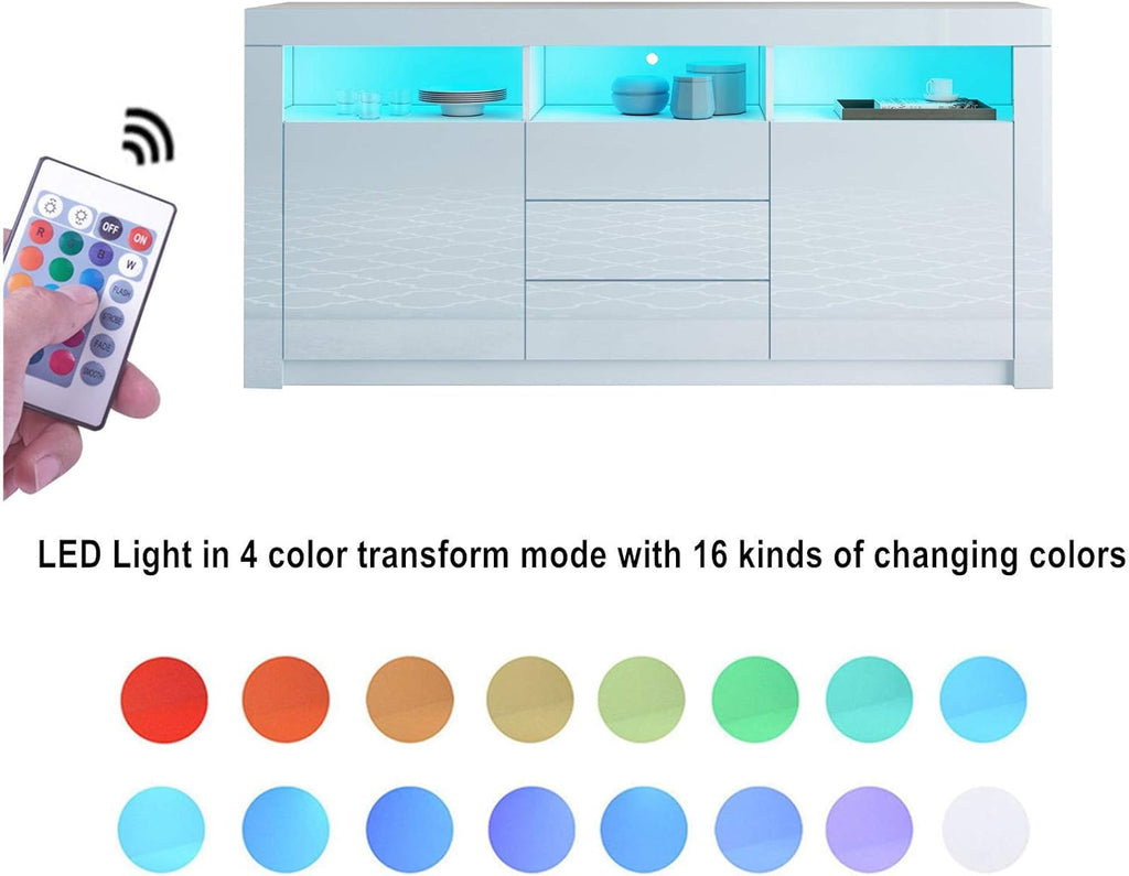 Moderner Sideboard Schrank Kommode in Front Hochglanz 2 Türen 3 Schubladen Esszimmer Küche Buffet Küchenschrank mit LED Streifen 160cm (Weiß)
