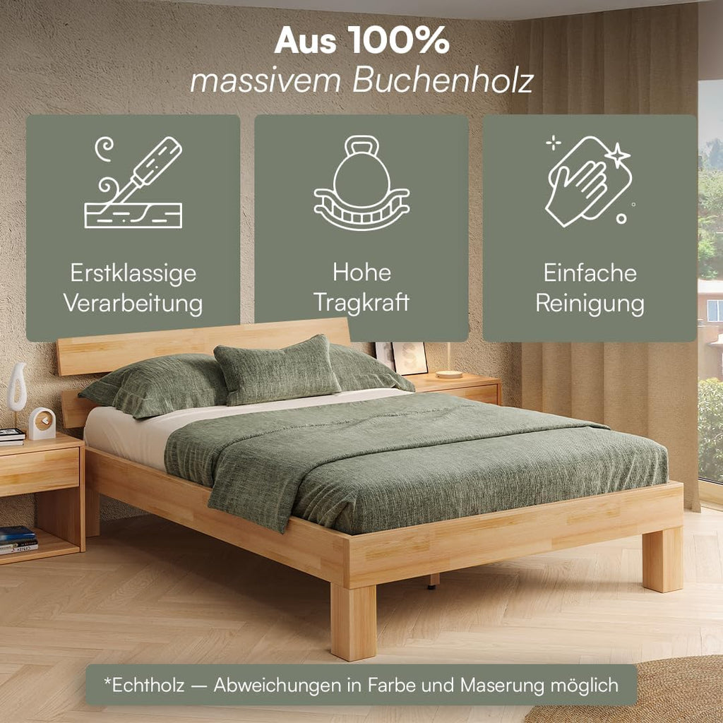 skølm Floki Massivholzbett 140x200 cm aus Buche - hochwertiges Bettgestell - Bettrahmen mit Bettkopf - Holzbett in Natur geölt - Bett 140x200 cm geeignet als Doppelbett - Futonbett