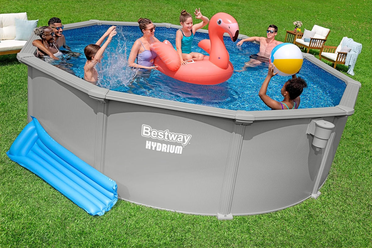 Bestway Hydrium Stahlwandpool Komplett-Set rund 457 x 122 cm Granitgrau Gartenpool Aufstellpool mit Sandfilteranlage