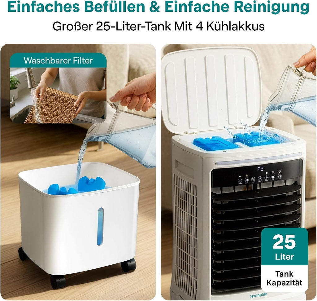 SereneLife Klimaanlage ohne Abluftschlauch, 25L Verdunstungsluftkühler für Große Räume, 1700 CFM, Kühlakku-Funktion, Timer Abnehmbarer Wassertank 80W, 60/120°Oszillation, Leise mit Rollen