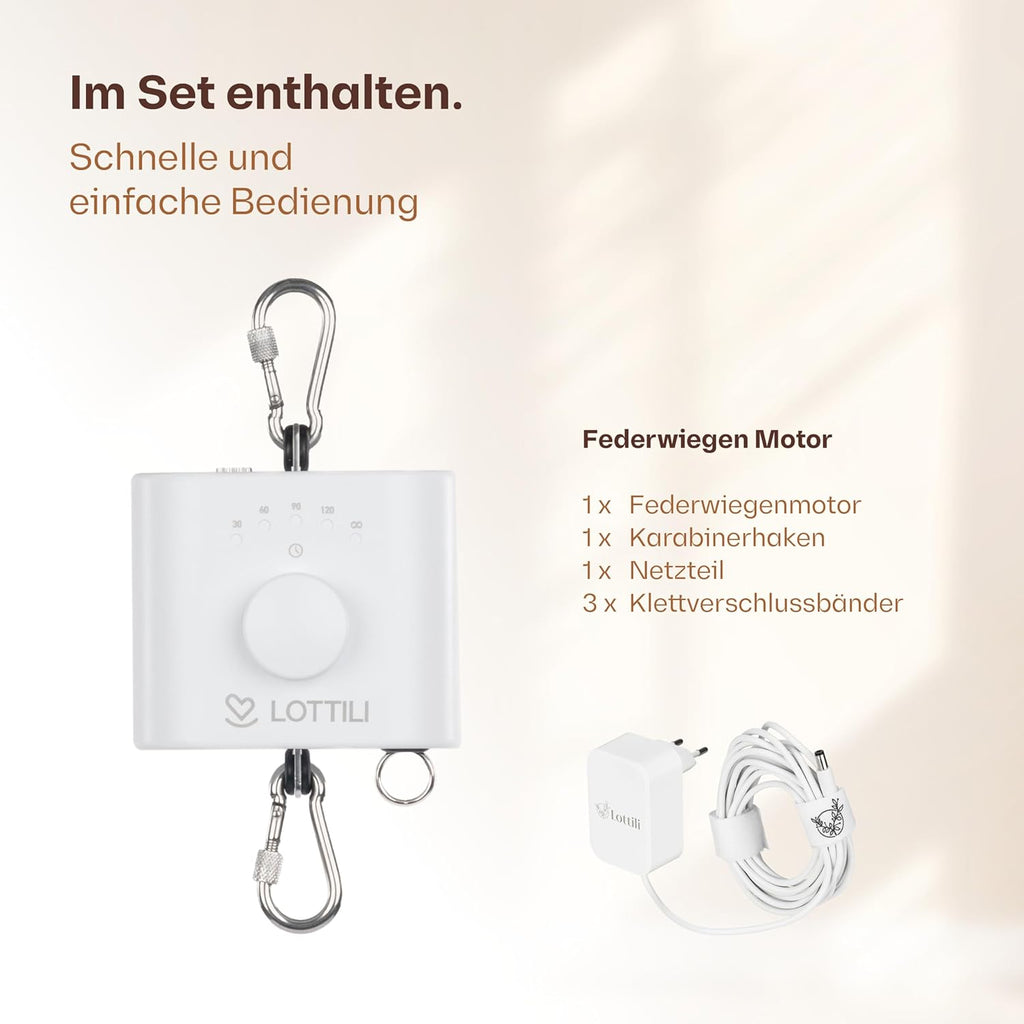 Lottili Federwiegen Motor | lautlos & selbstlernend | mit Timer & Dauermodus | fein einstellbare Schwingung | ab 3 kg | Made in Germany
