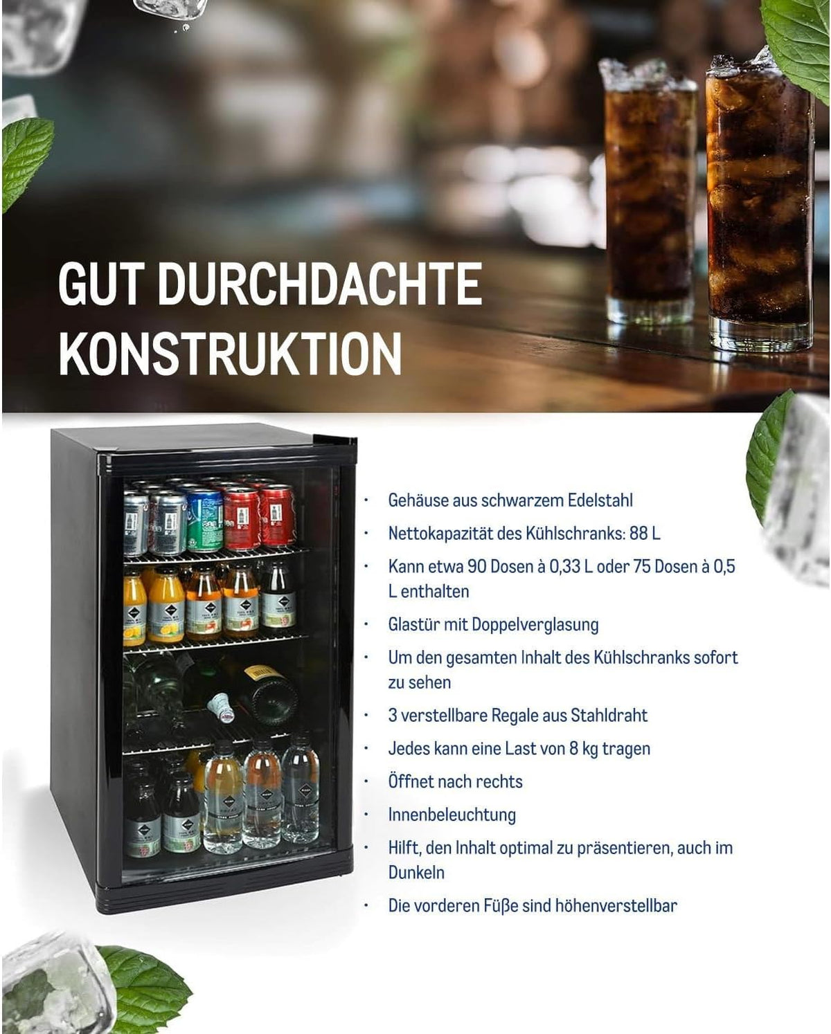 METRO Professional Mini-Kühlschrank GPC1088, 88 L, 1.052 kWh/24h, 3 Edelstahl-Drahtböden, schwarz