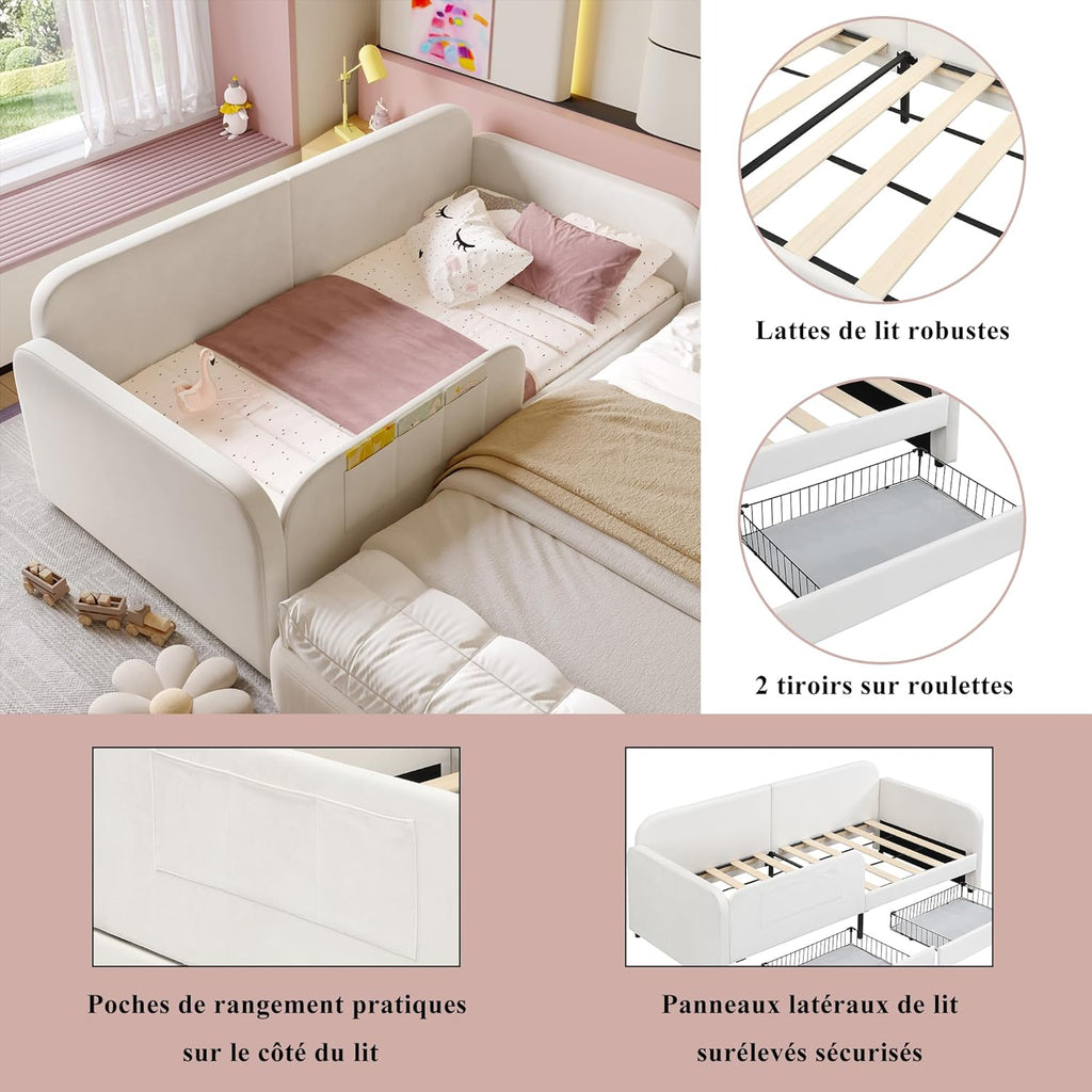 ANIROY Kinder-Spleißbett 90x200cm, Polsterbett, Schlafsofa Daybett Tagesbett Einzelbett mit Metallbettgestell & 3 Aufbewahrungstaschen & 2 Schubladen auf Rollen, Samt, Weiß