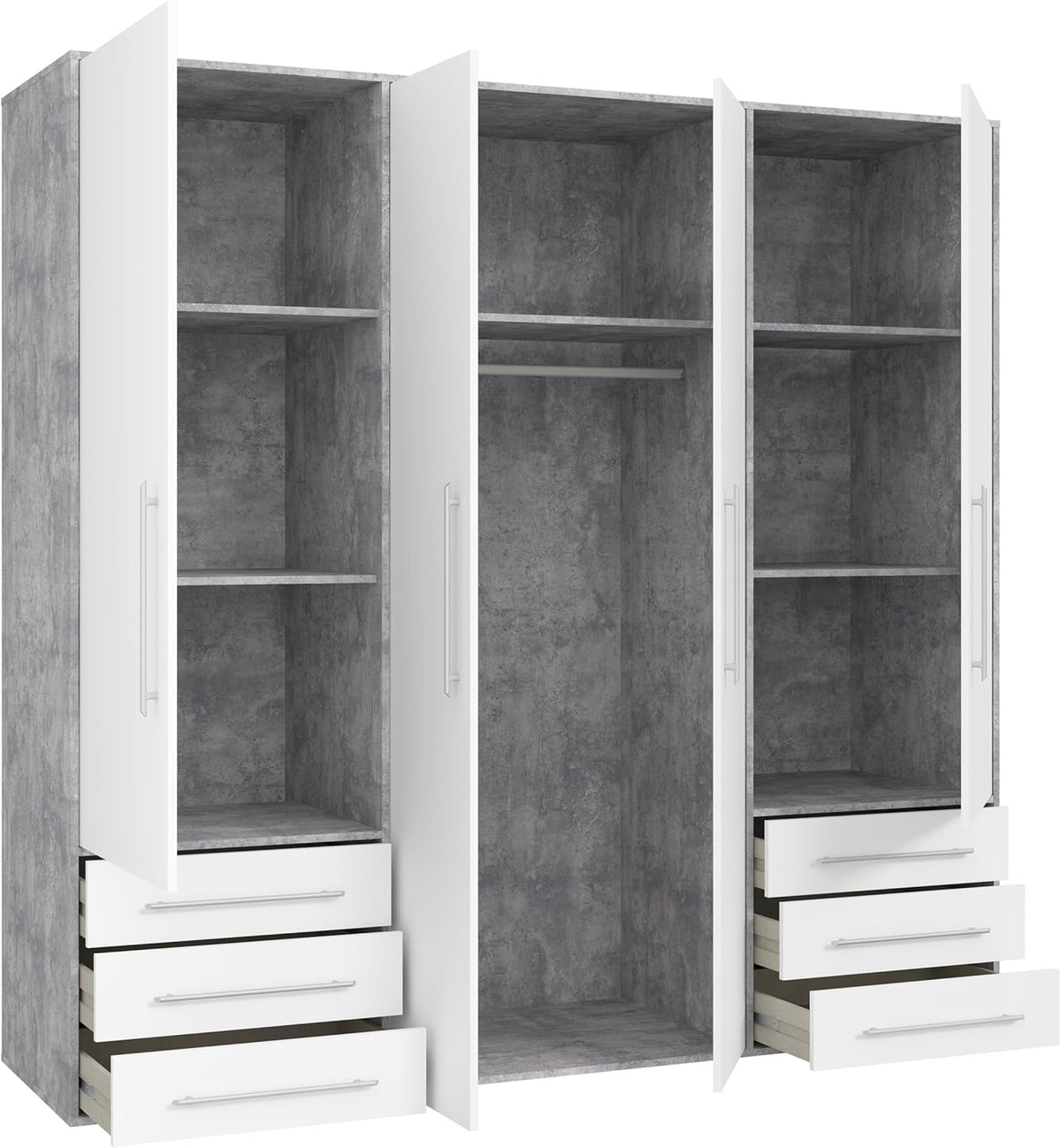 Forte Jupiter Kleiderschrank 205, Großer Schrank mit 4 Türen und 6 Schubladen, Holzwerkstoff, Weiß/Betonoptik Lichtgrau, 205,9 cm breit, 200 cm hoch, 53 cm tief