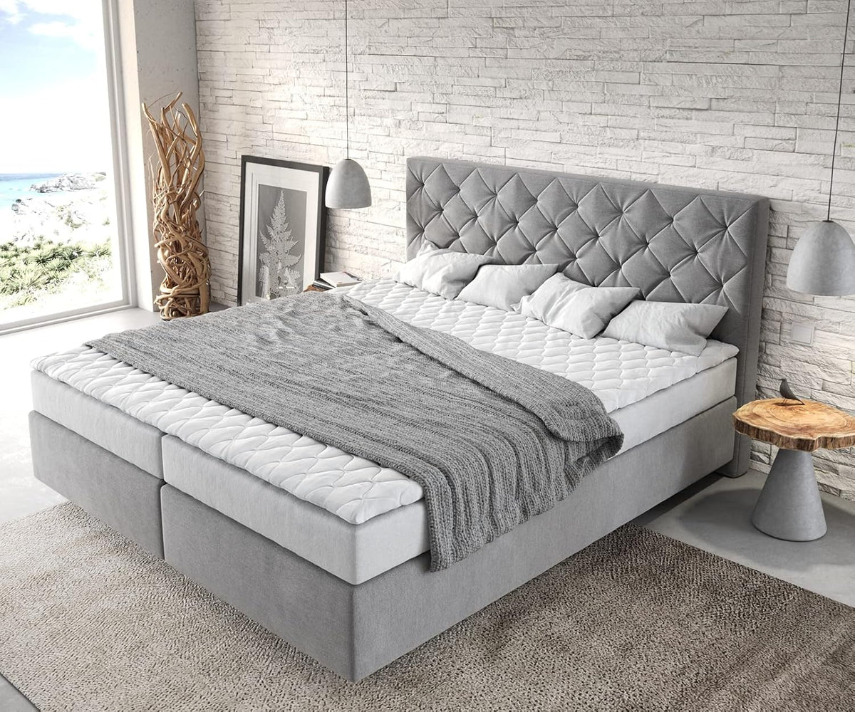 DELIFE Boxspringbett Dream-Great Mikrofaser Grau 180x200 cm mit Matratze und Topper