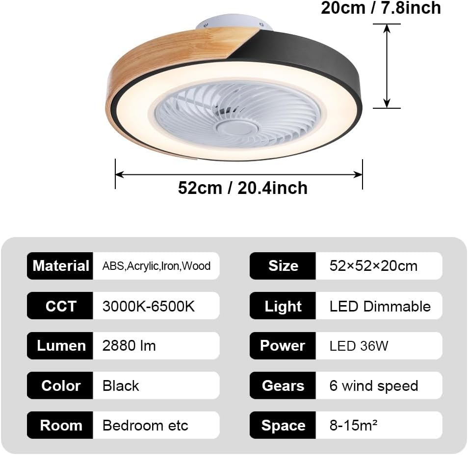 Holz Deckenventilator mit Beleuchtung LED Licht, Moderne Invisible Fan Deckenleuchte Dimmbar, Timer Leise Ventilator lampe, Deckenlampe für Wohnzimmer Schlafzimmer Kinderzimmer